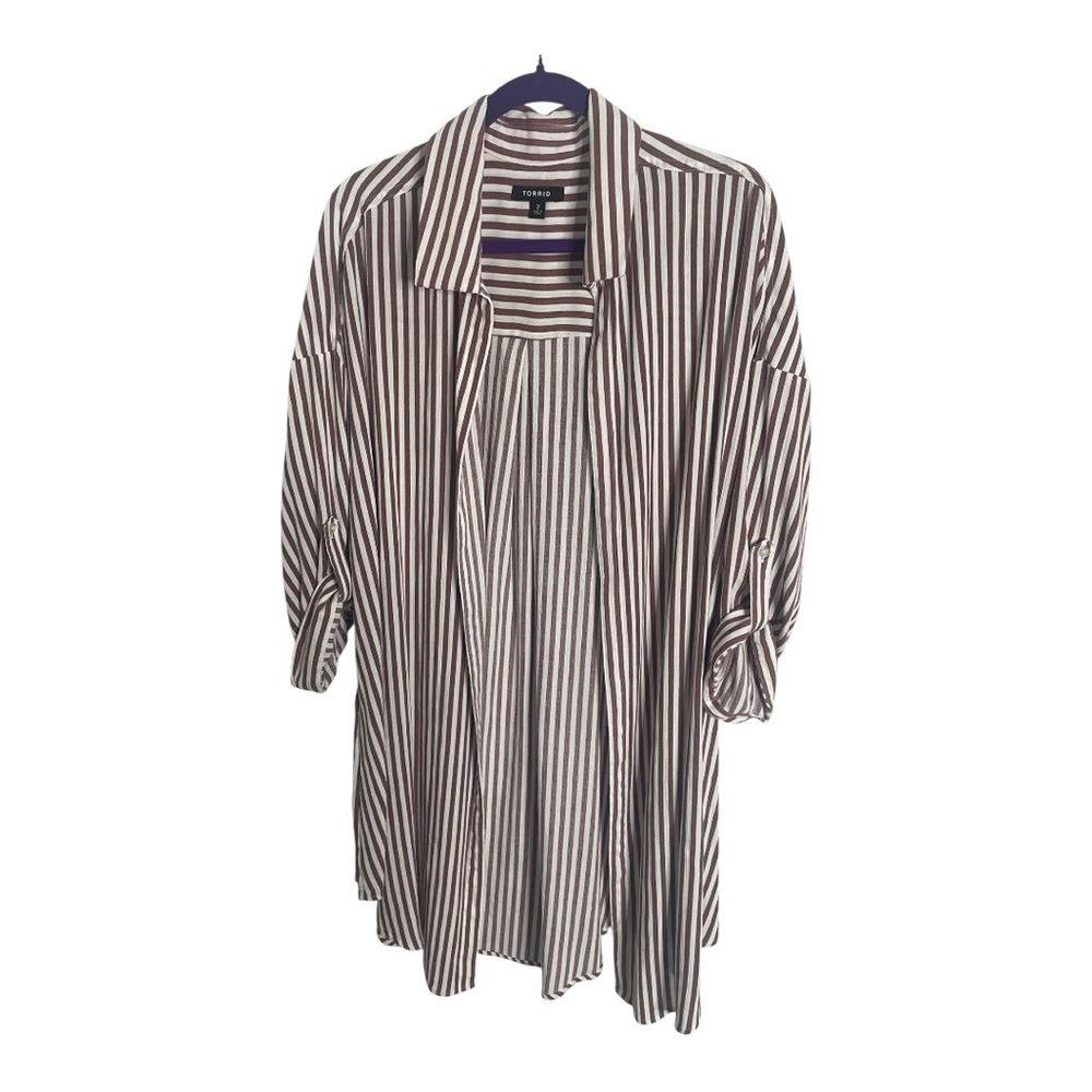 Torrid Striped Duster Purple and White 
Open Front Dolman Sleeve, Collar Sz 2X